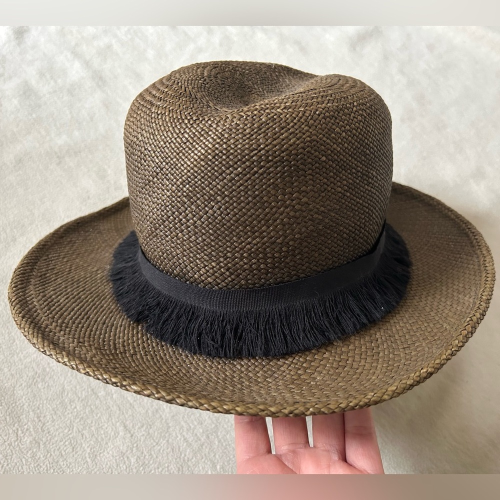 Gigi Burris Millinery Brown Woven Fedora Hat with Black Fringe Band